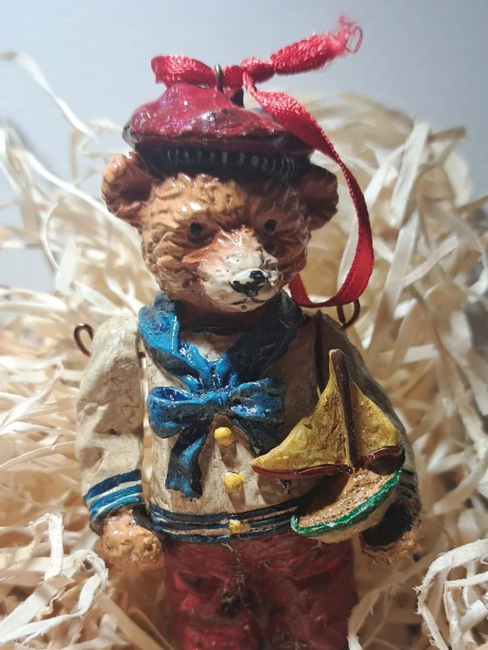 Hand-Painted Nautical Bear Ornament - Red and Blue Holiday Decoration